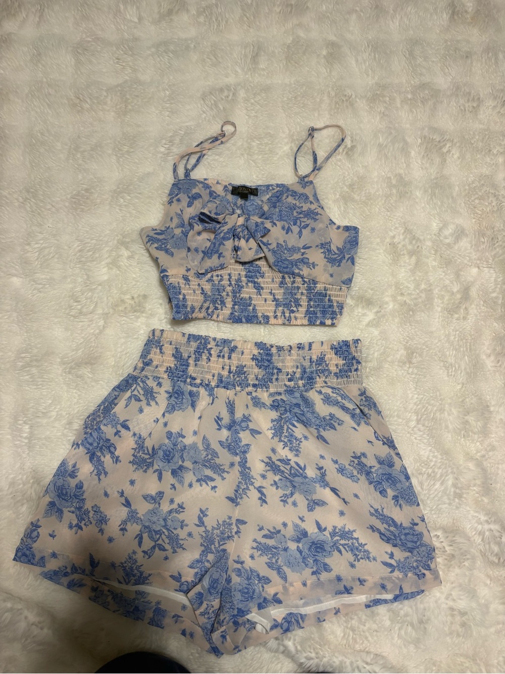 Discovery Cream and Blue Floral Crop Top & Shorts Set